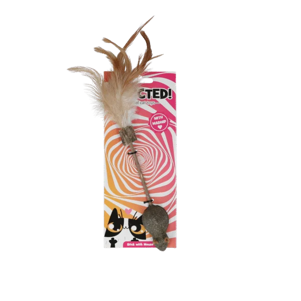 Hůlka pro kočky s myší, peřím a MADNIP – Addicted! Stick with Mouse & Feathers