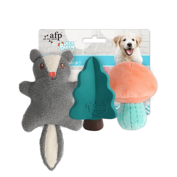 Sada hraček pro štěňata se 2 plyšovými hračkami a pískátkem, 3 kusy – AFP Little Buddy 3-Pack Toy Woodland