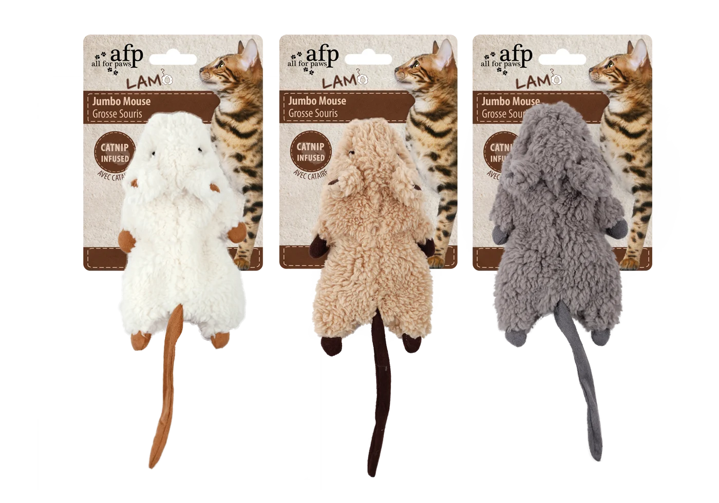 Kočičí hračka myš se šantou kočičí a křupavým plastem – AFP Lambswool - Jumbo Mouse - Obrázek 1