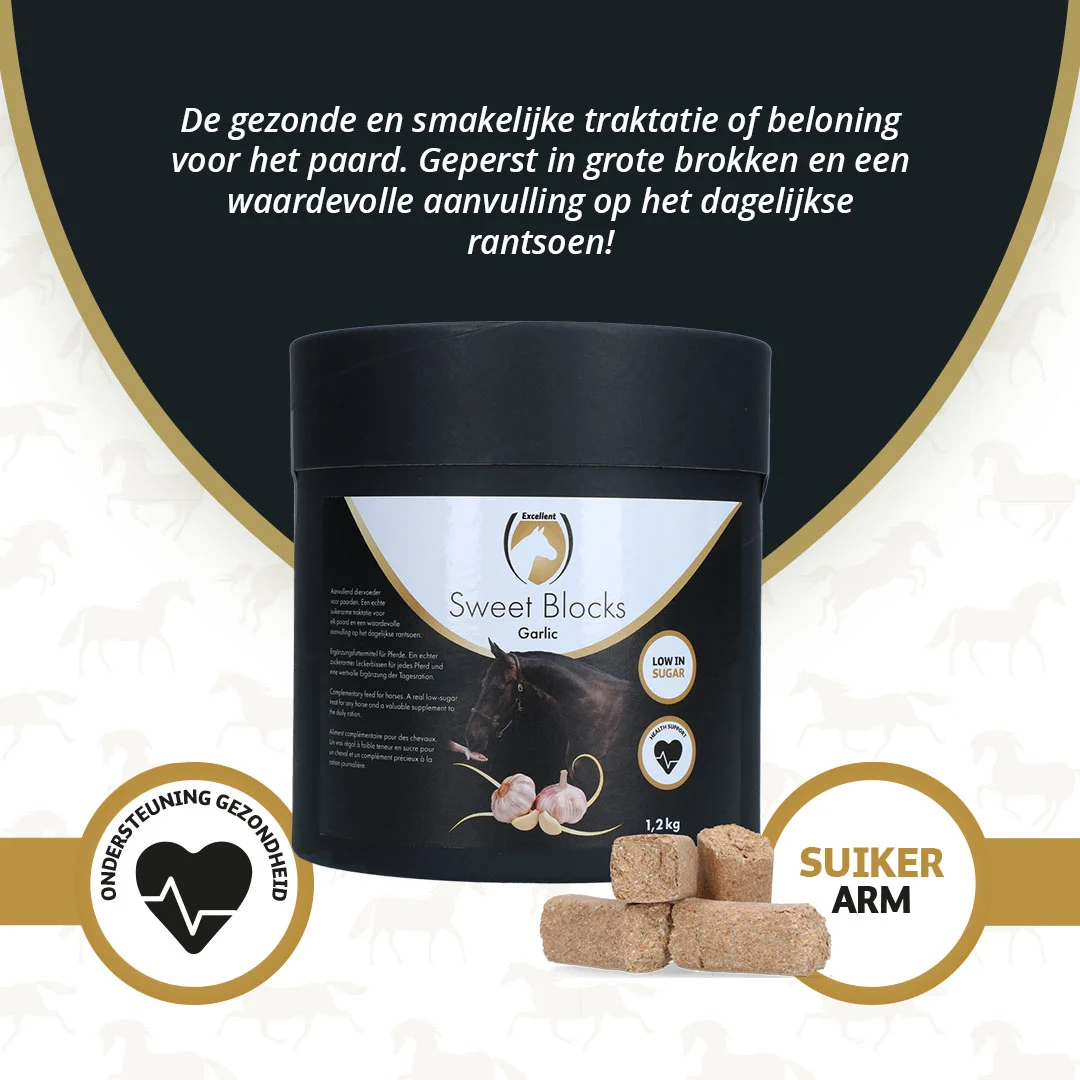 Pamlsky pro koně s česnekem, nízkocukerné, 1,2 kg – Excellent Horse Sweet Blocks - Obrázek 3