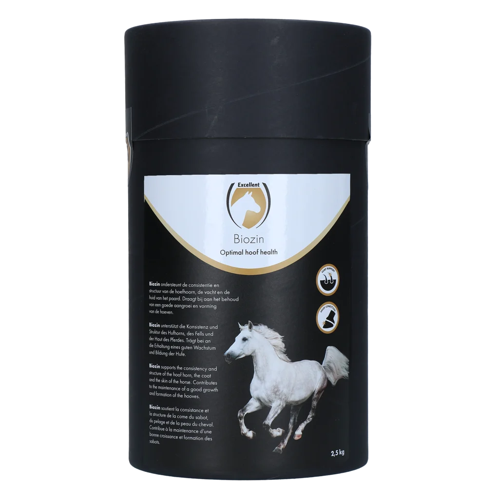 BIOZ2500E.png Doplněk stravy s biotinem pro kopyta koní s jablečnou příchutí, 2,5 kg – Excellent Horse Biozin - Obrázek 1
