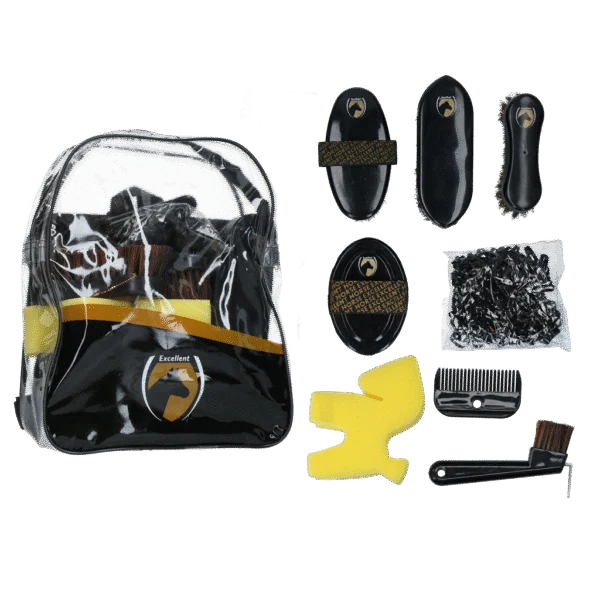 Čisticí sada pro mladé jezdce s batohem, 200 gumiček – Excellent Horse Grooming Set Junior