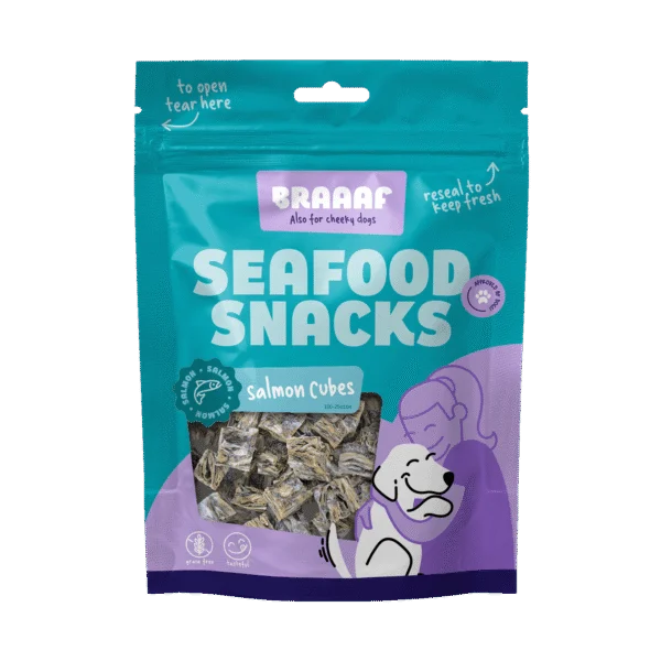 Lososové kostičky pro psy, vzduchem sušené – Braaaf Seafood lososové kostičky