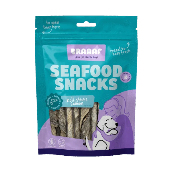 Žvýkací tyčinky z lososa, sušené na vzduchu, 12 cm – Braaaf Seafood Zalm Roll Sticks