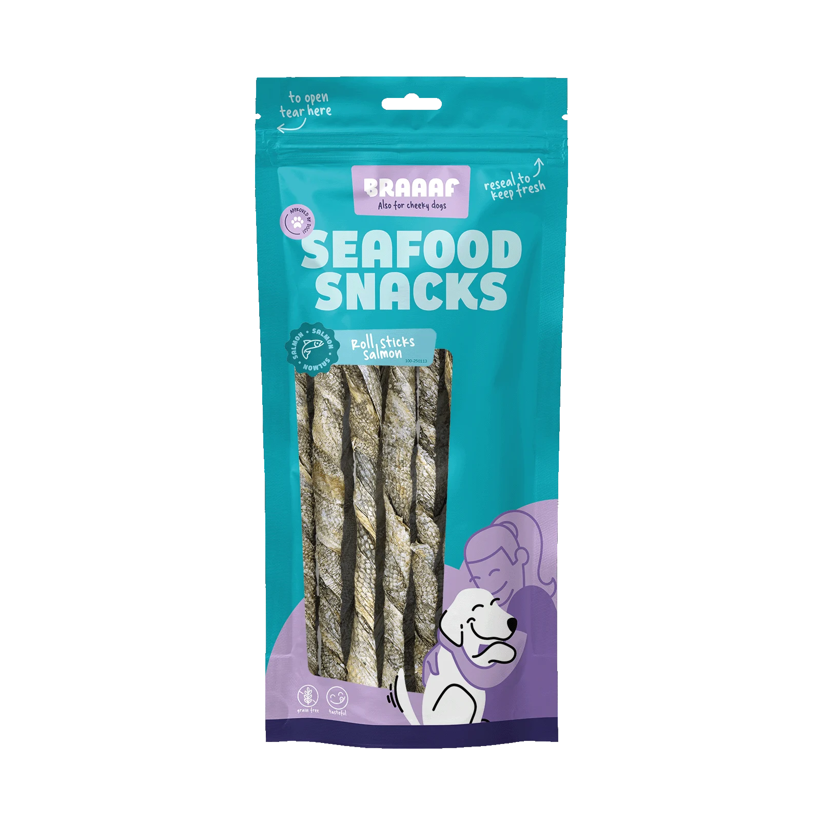Žvýkací tyčinky z lososa, sušené na vzduchu, 20 cm, 8 kusů – Braaaf Seafood Salmon roll sticks - Obrázek 1
