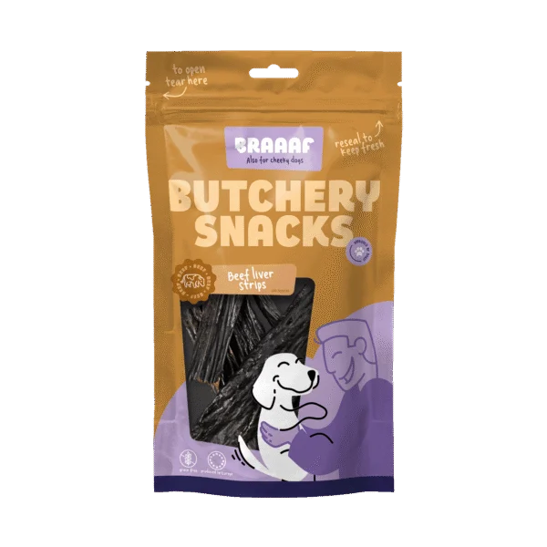 Pamlsek pro psy z hovězích jater v proužcích, 150 g – Braaaf Butchery