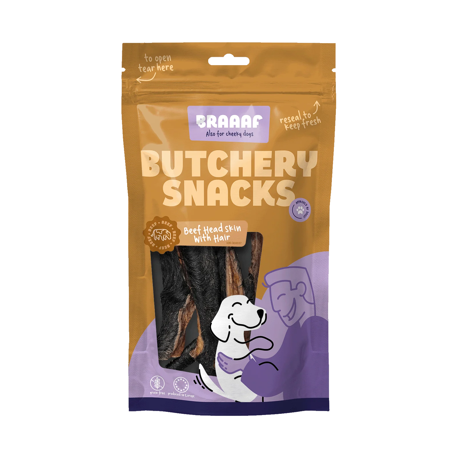 Žvýkací pamlsek pro psy z hovězí hlavové kůže se srstí, 150 g – Braaaf Butchery - Obrázek 1