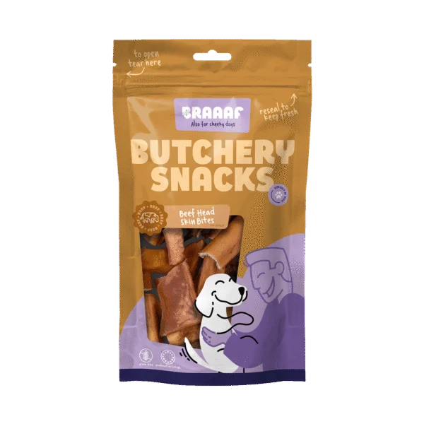 Žvýkací pamlsek z hovězí kůže z hlavy v kouscích pro psy, 150 g – Braaaf Butchery