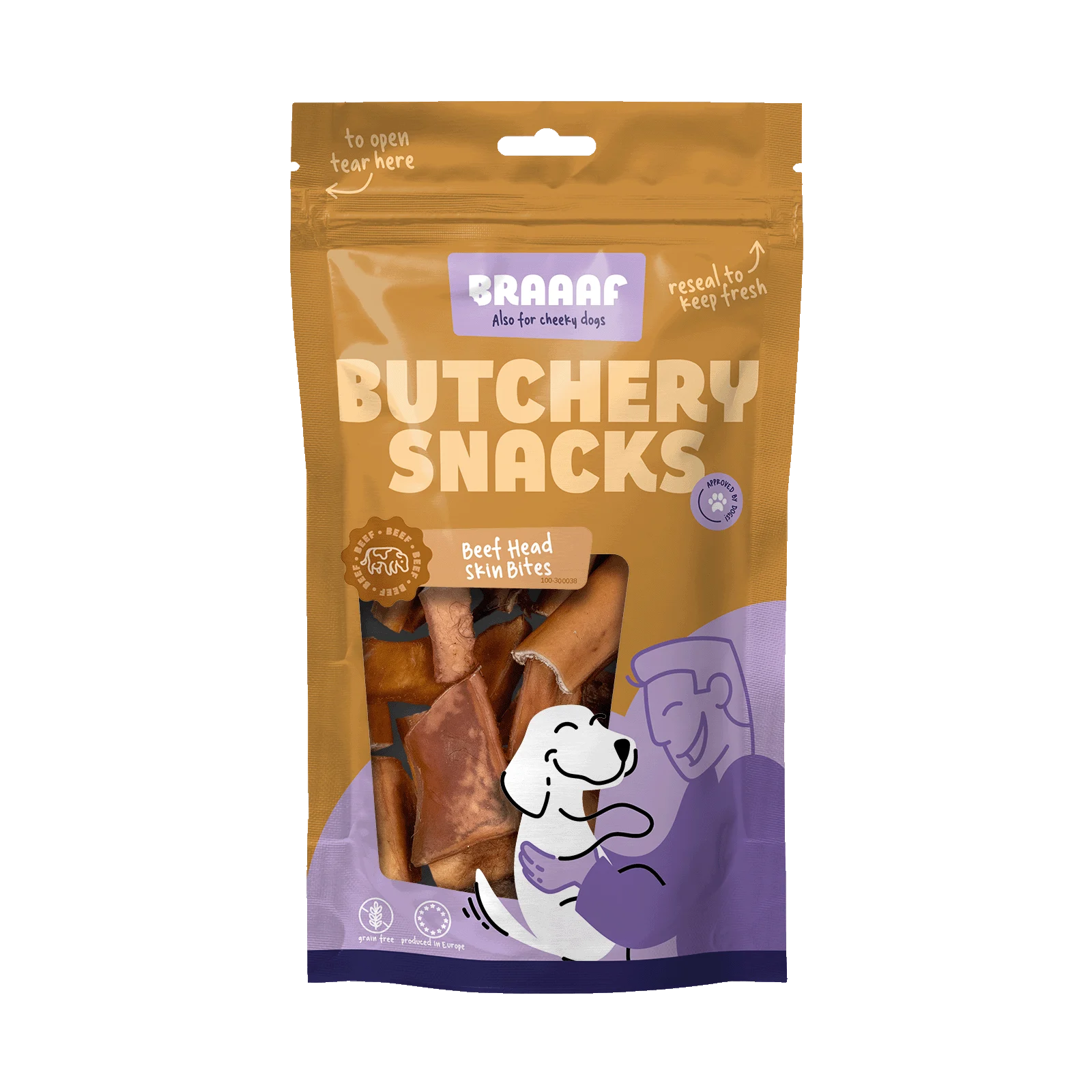 Žvýkací pamlsek z hovězí kůže z hlavy v kouscích pro psy, 150 g – Braaaf Butchery - Obrázek 1