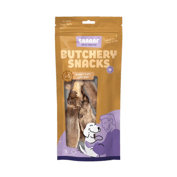 Žvýkací pamlsek pro psy z králičích uší se srstí, 80 g – Braaaf Butchery