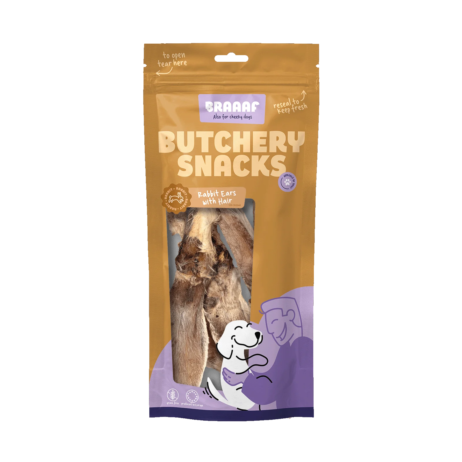Žvýkací pamlsek pro psy z králičích uší se srstí, 80 g – Braaaf Butchery - Obrázek 1
