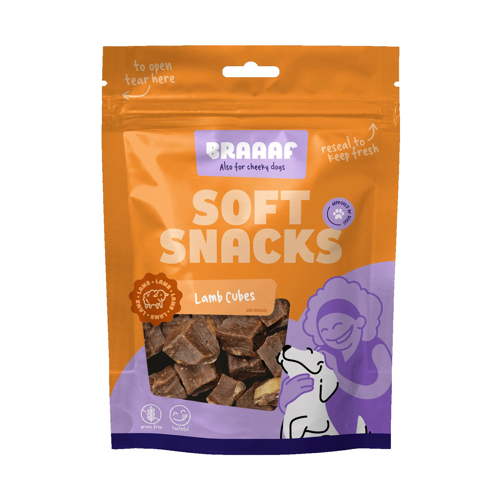 Kostičky pro psy s jehněčím a rybou, bez obilovin, 85 g – Braaaf Soft Snack Cubes - Obrázek 1