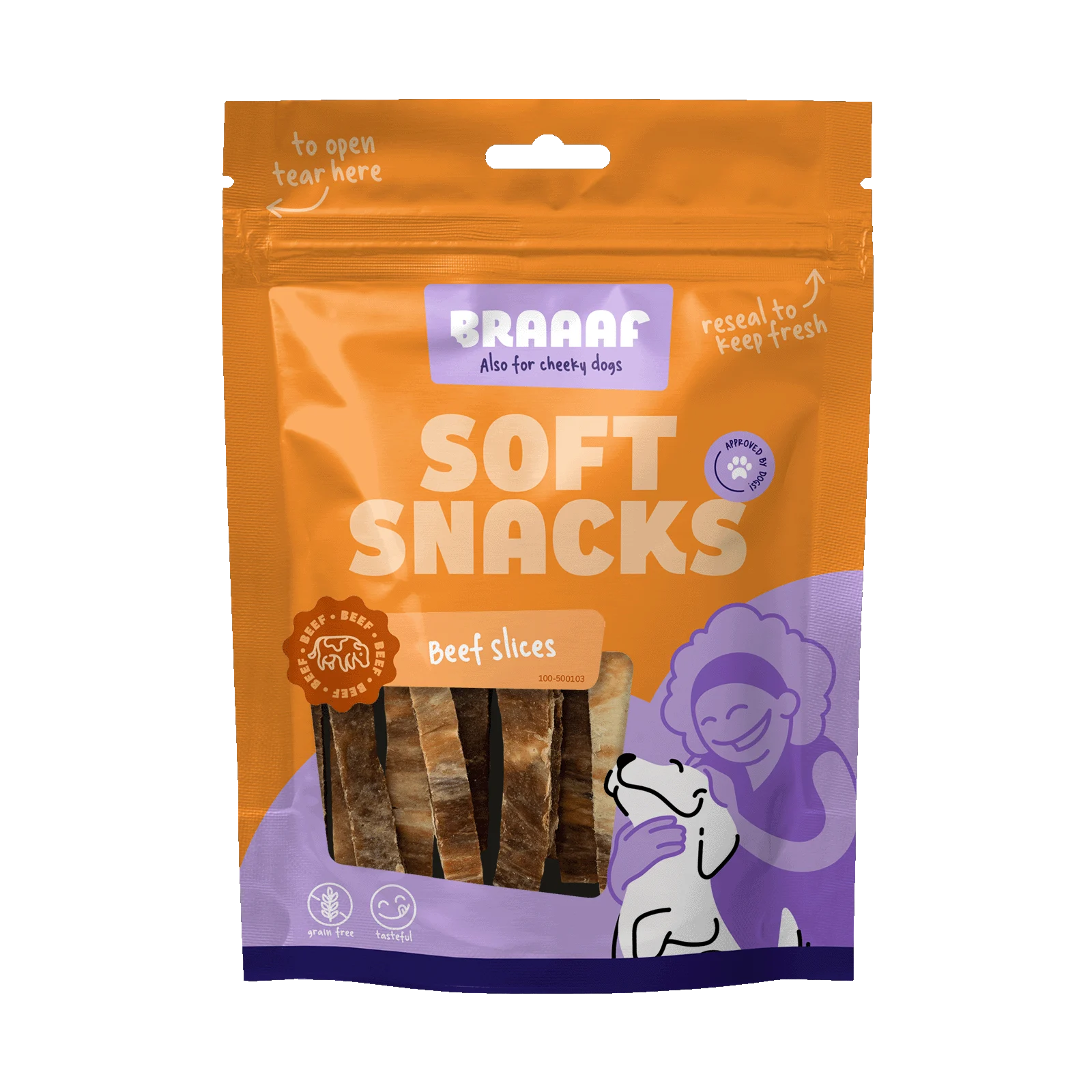 Měkké pamlsky pro psy s hovězím a rybí příchutí, bez obilovin, 85 g – Braaaf Soft Snack Slices - Obrázek 1