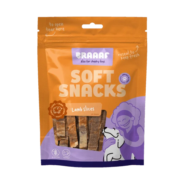 Měkké psí pamlsky s jehněčím a rybou, bez obilovin, 85 g – Braaaf Soft Snack Slices