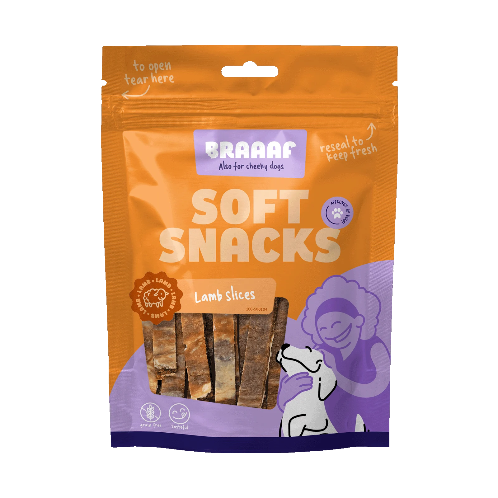 Měkké psí pamlsky s jehněčím a rybou, bez obilovin, 85 g – Braaaf Soft Snack Slices - Obrázek 1