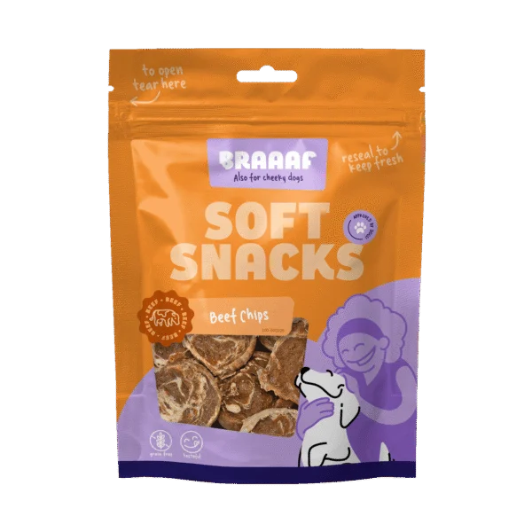 Pamlsek pro psy ve tvaru chipsů s hovězím a rybou, bez obilovin, 85 g – Braaaf Soft Snack Chips