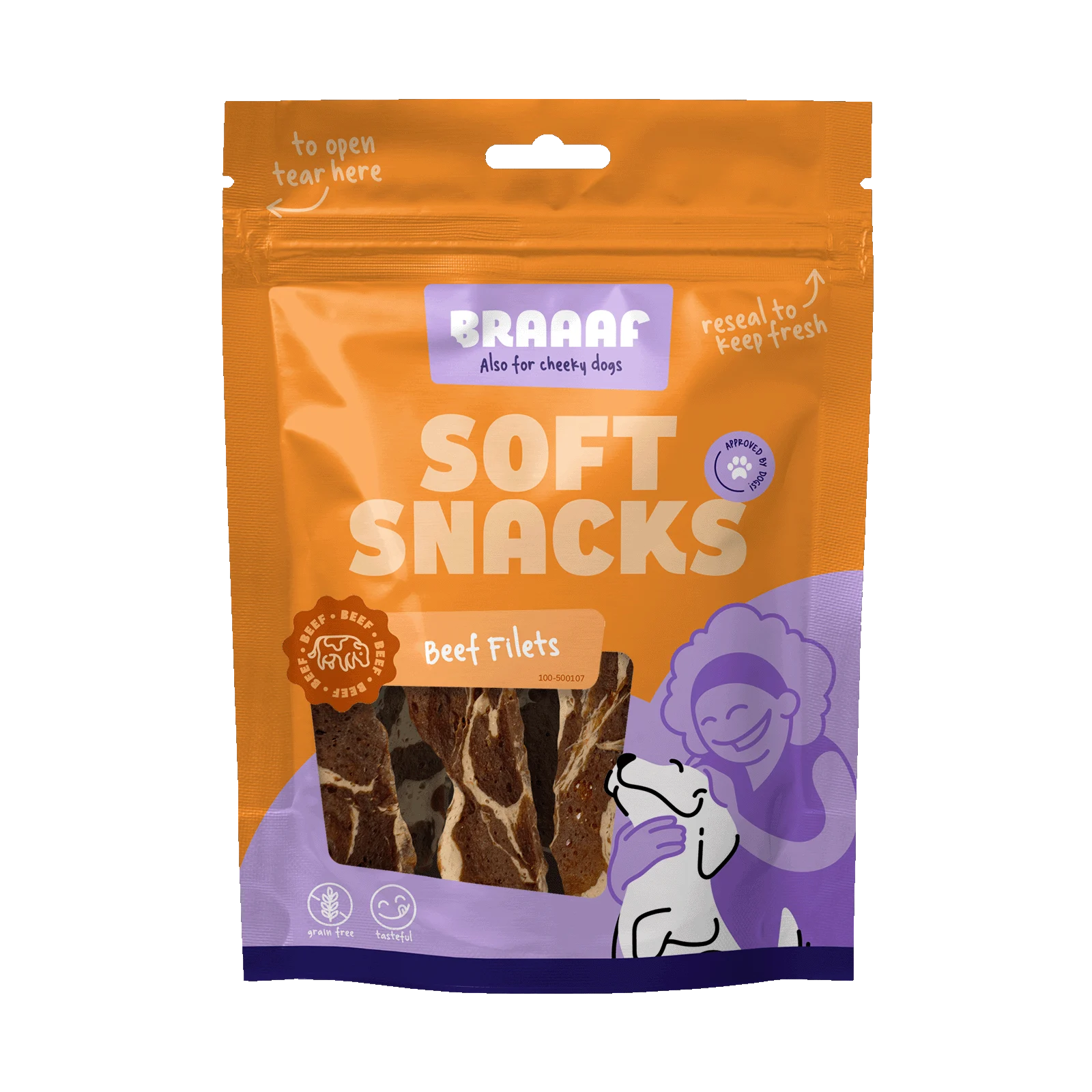 Pamlsek pro psy ve tvaru filetu s hovězím a rybou, bez obilovin, 85 g – Braaaf Soft Snack Filet - Obrázek 1