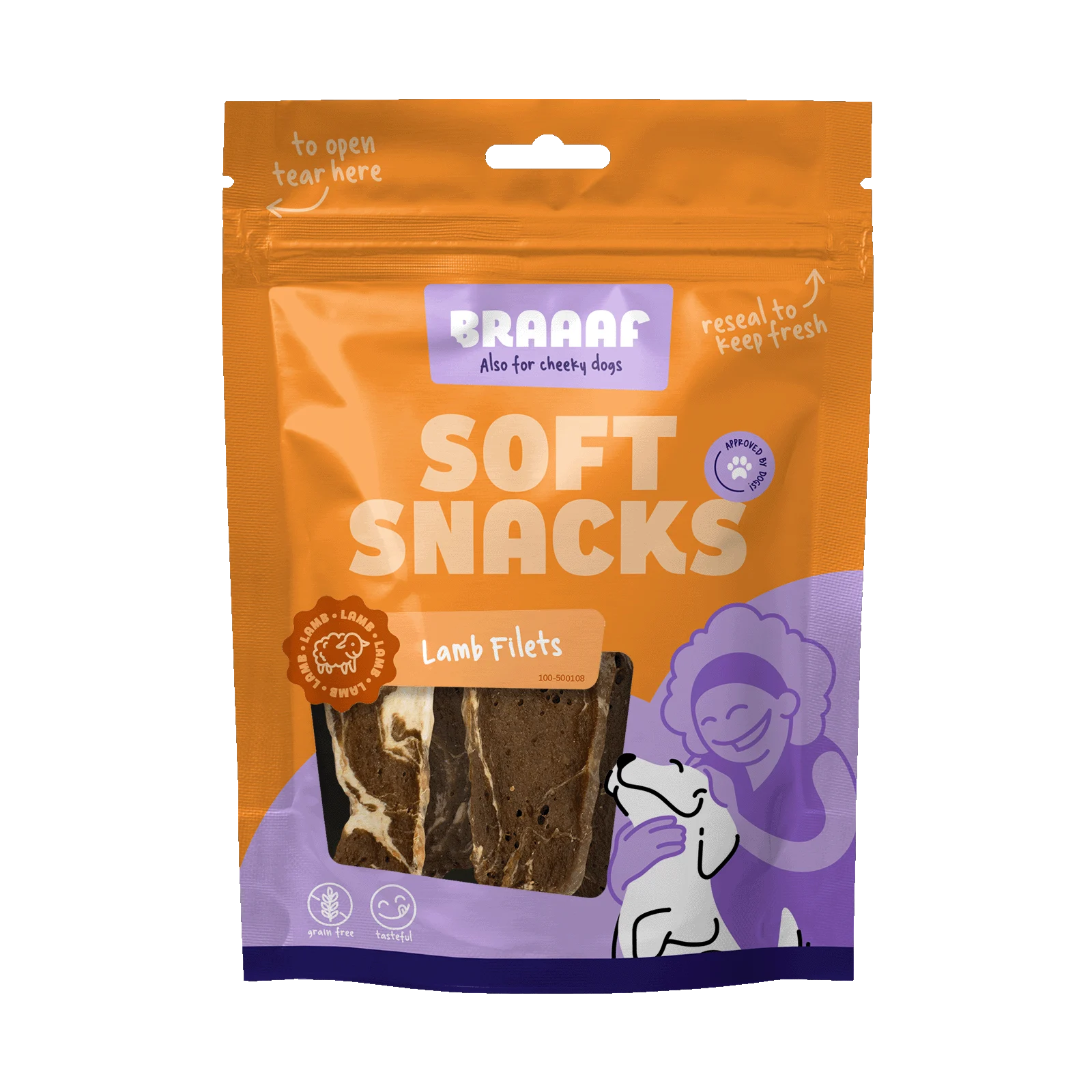 Pamlsek pro psy ve tvaru filetů s jehněčím masem a rybami, bez obilovin, 85 g – Braaaf Soft Snack Filet - Obrázek 1