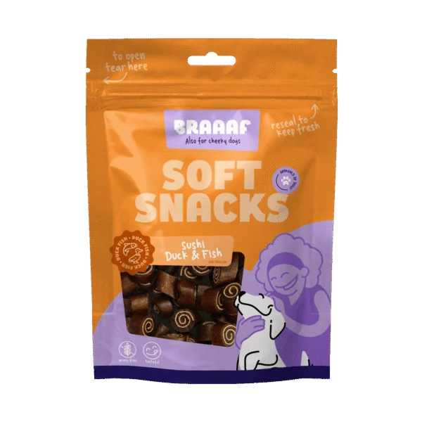Měkké pamlsky pro psy s kachním masem a rybami, bez obilovin, 85 g – Braaaf Soft Snack Sushi