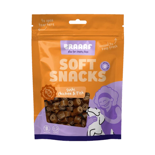 Měkké pamlsky pro psy s kuřetem a rybou, bez obilovin, 85 g – Braaaf Soft Snack Sushi