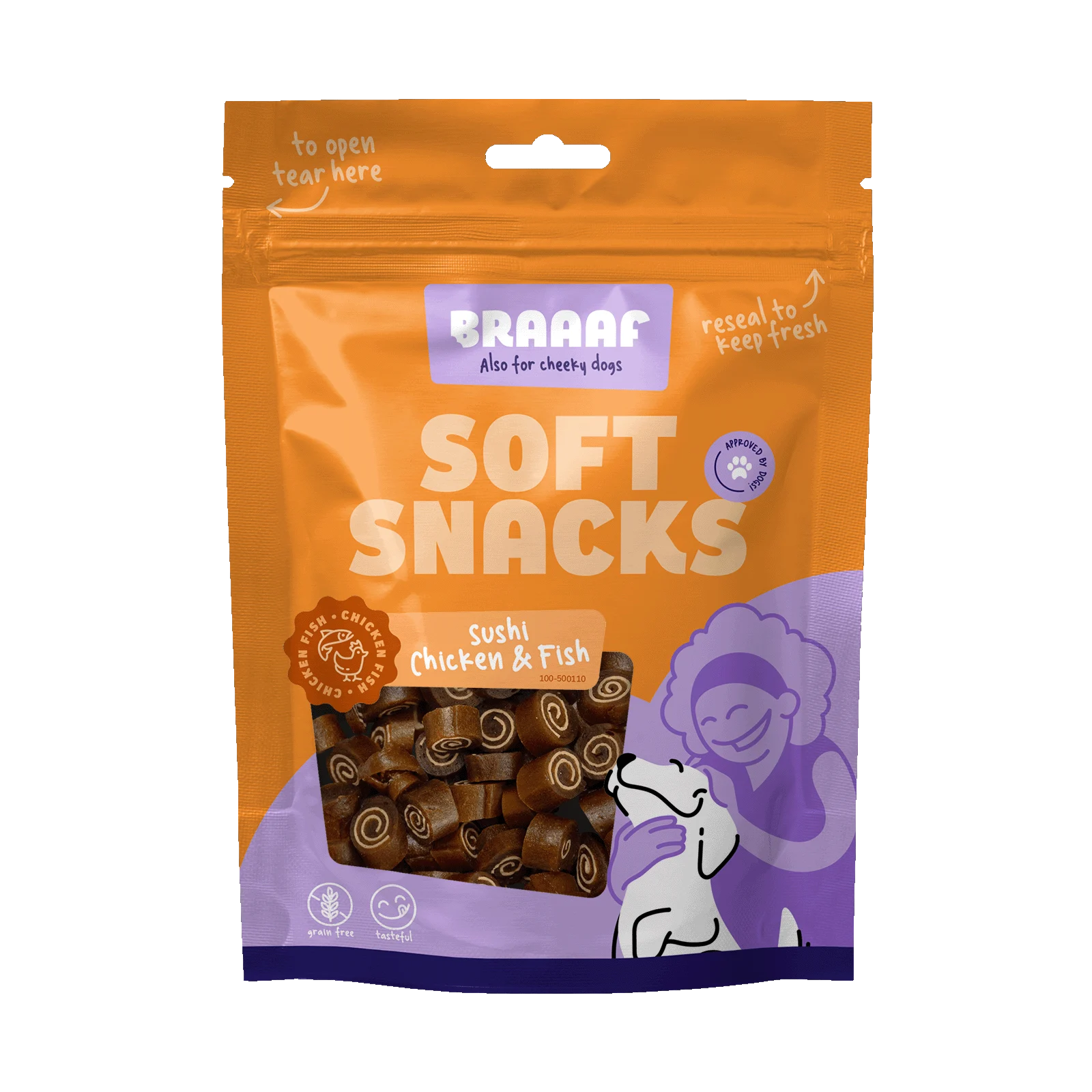 BRAA500110.png Měkké pamlsky pro psy s kuřetem a rybou, bez obilovin, 85 g – Braaaf Soft Snack Sushi - Obrázek 1