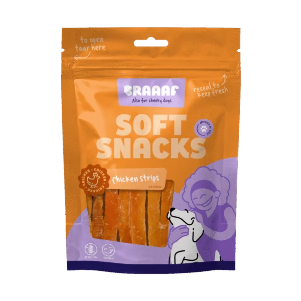Proužky pro psy s kuřetem, bez obilovin, 85 g – Braaaf Soft Snack kuřecí proužky