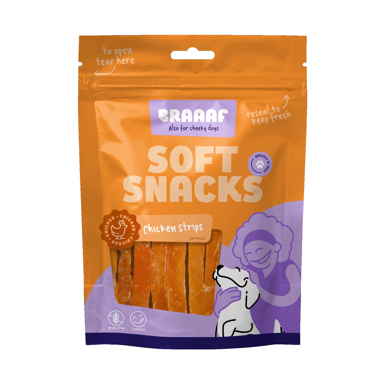 Proužky pro psy s kuřetem, bez obilovin, 85 g – Braaaf Soft Snack kuřecí proužky - Obrázek 1