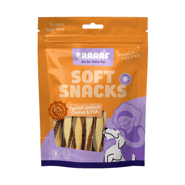Pamlsek pro psy ve tvaru krouceného sendviče s kuřetem a rybou, bez obilovin, 85 g – Braaaf Soft Snack kroucený sendvič