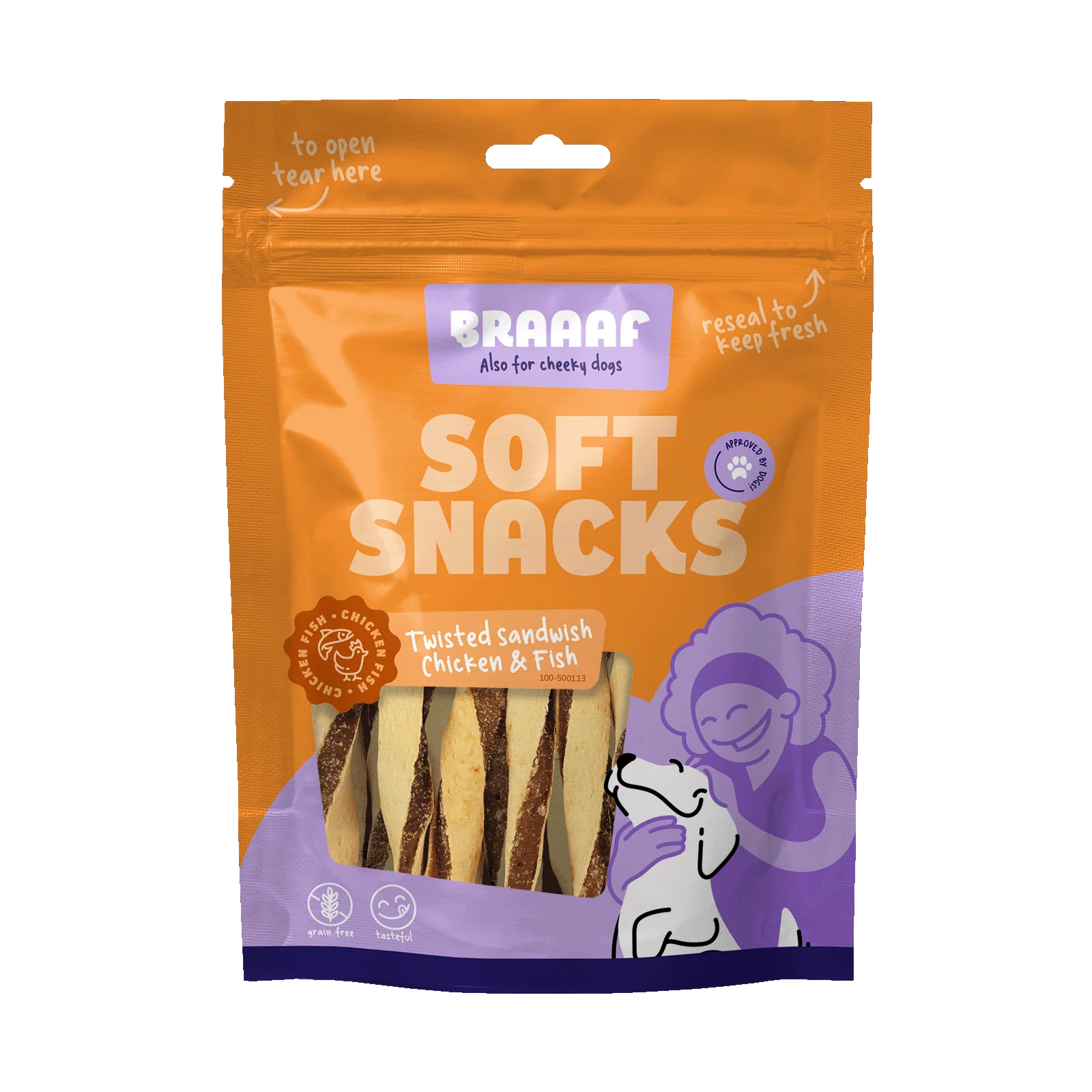 Pamlsek pro psy ve tvaru krouceného sendviče s kuřetem a rybou, bez obilovin, 85 g – Braaaf Soft Snack kroucený sendvič - Obrázek 1