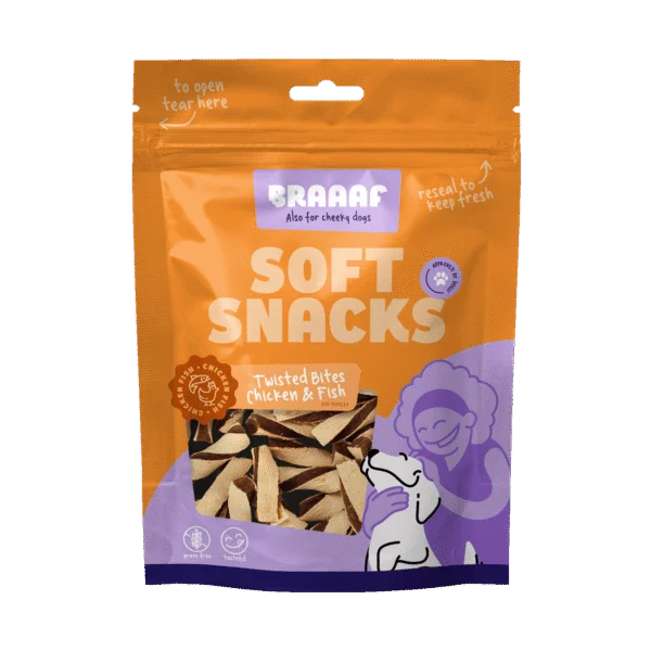 Pamlsky pro psy s kuřecím masem a rybou, bez obilovin, 85 g – Braaaf Soft Snack Twisted Bites