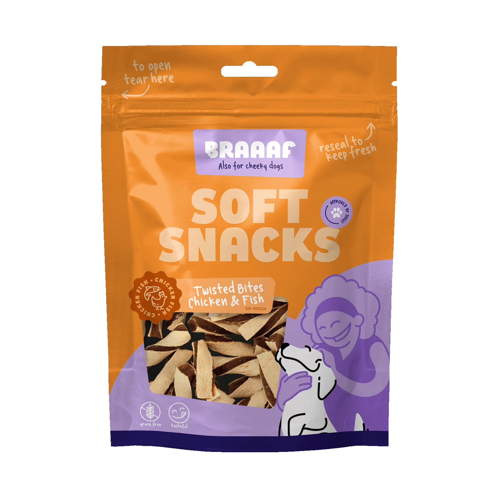 Pamlsky pro psy s kuřecím masem a rybou, bez obilovin, 85 g – Braaaf Soft Snack Twisted Bites - Obrázek 1