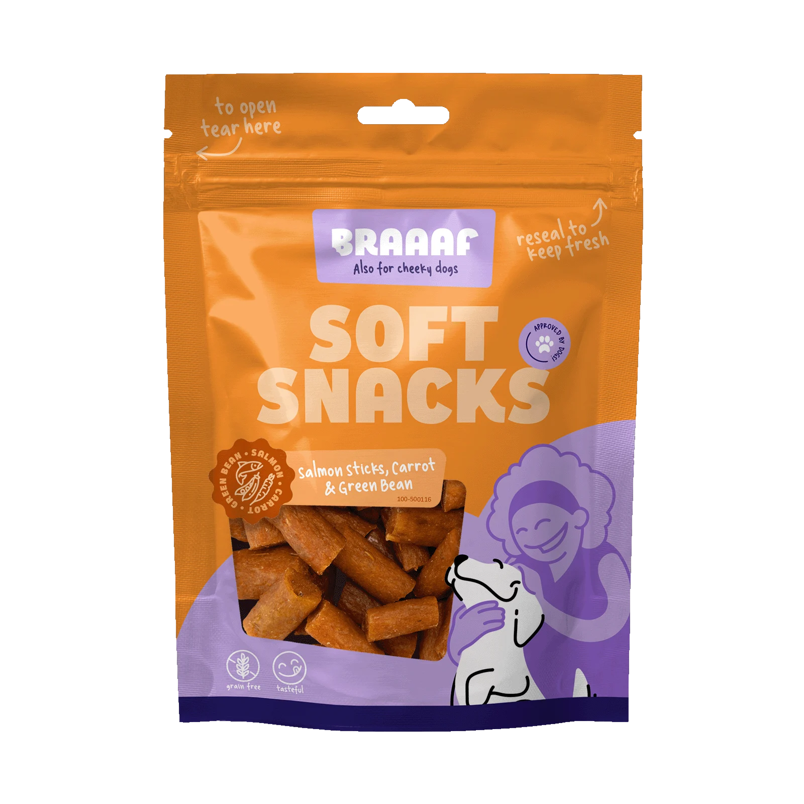 Měkký pamlsek pro psy s lososem, mrkví a zelenými fazolkami, 85 g – Braaaf Soft Snack s lososem - Obrázek 1
