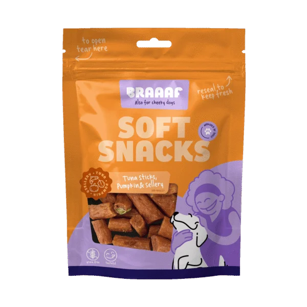 Psí pamlsky v proužcích s tuňákem, dýní a celerem, 85 g – Braaaf Soft Snack