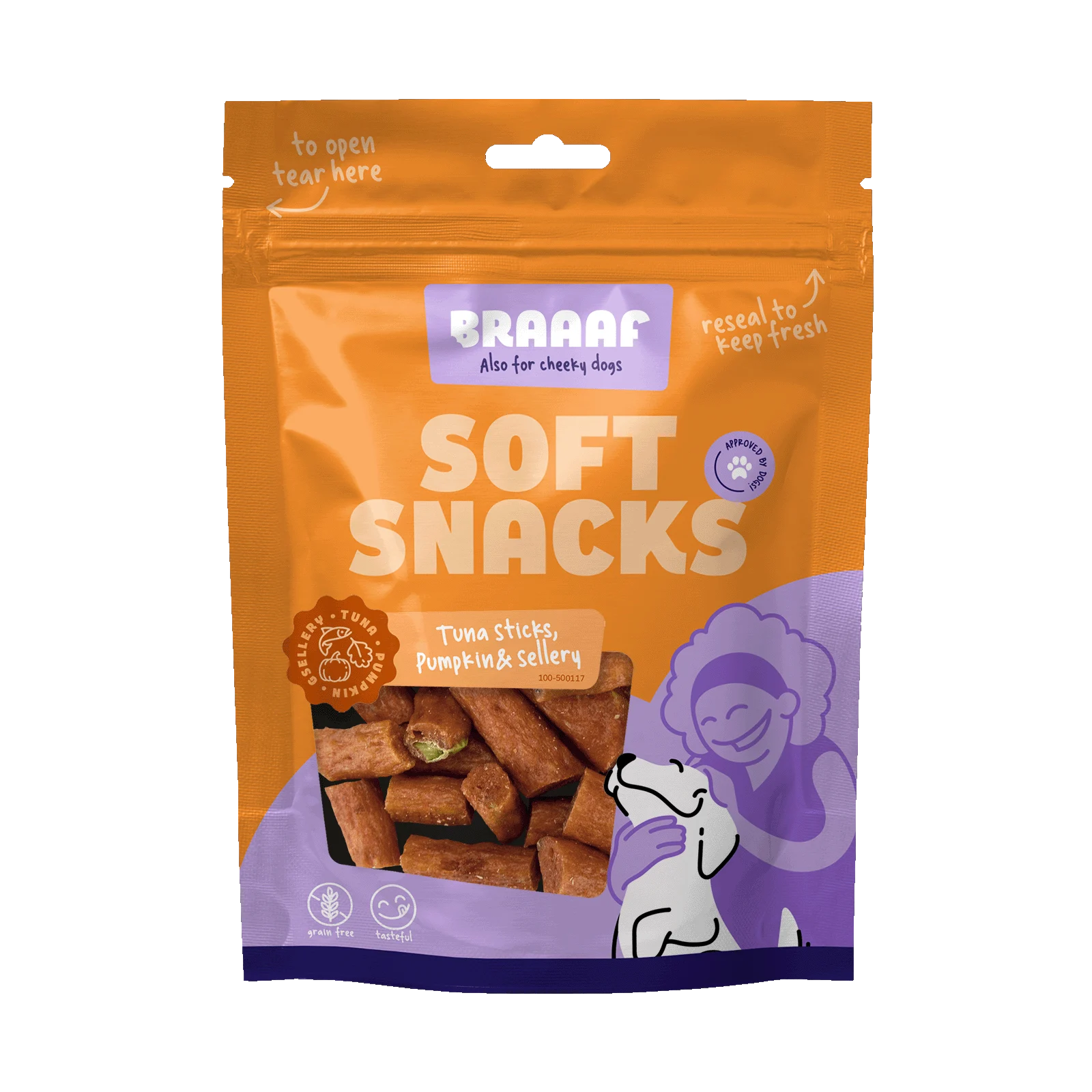Psí pamlsky v proužcích s tuňákem, dýní a celerem, 85 g – Braaaf Soft Snack - Obrázek 1