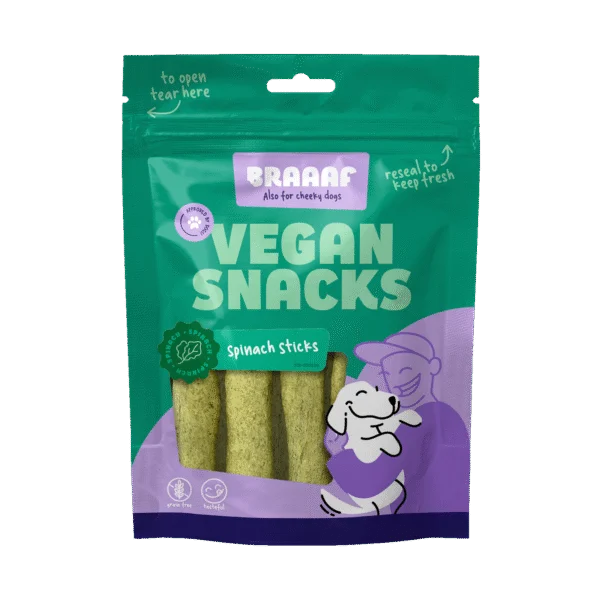 Pamlsek pro psa se špenátem, tyčinka 12 cm – Braaaf Vegan Snack Spinazie Stick