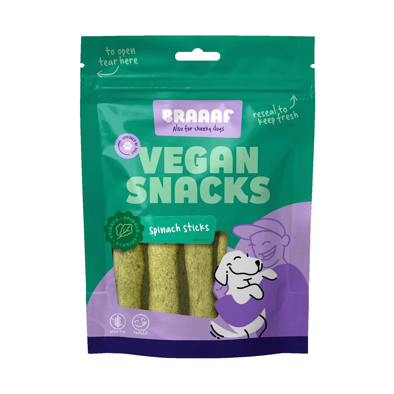 BRAA650109.png Pamlsek pro psa se špenátem, tyčinka 12 cm – Braaaf Vegan Snack Spinazie Stick - Obrázek 1
