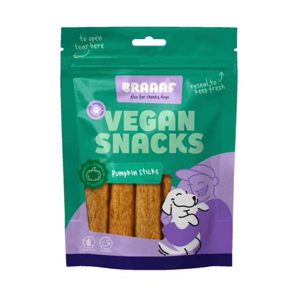 Veganský pamlsek pro psy s dýní, 12 cm – Braaaf Vegan Snack Pompoen Stick
