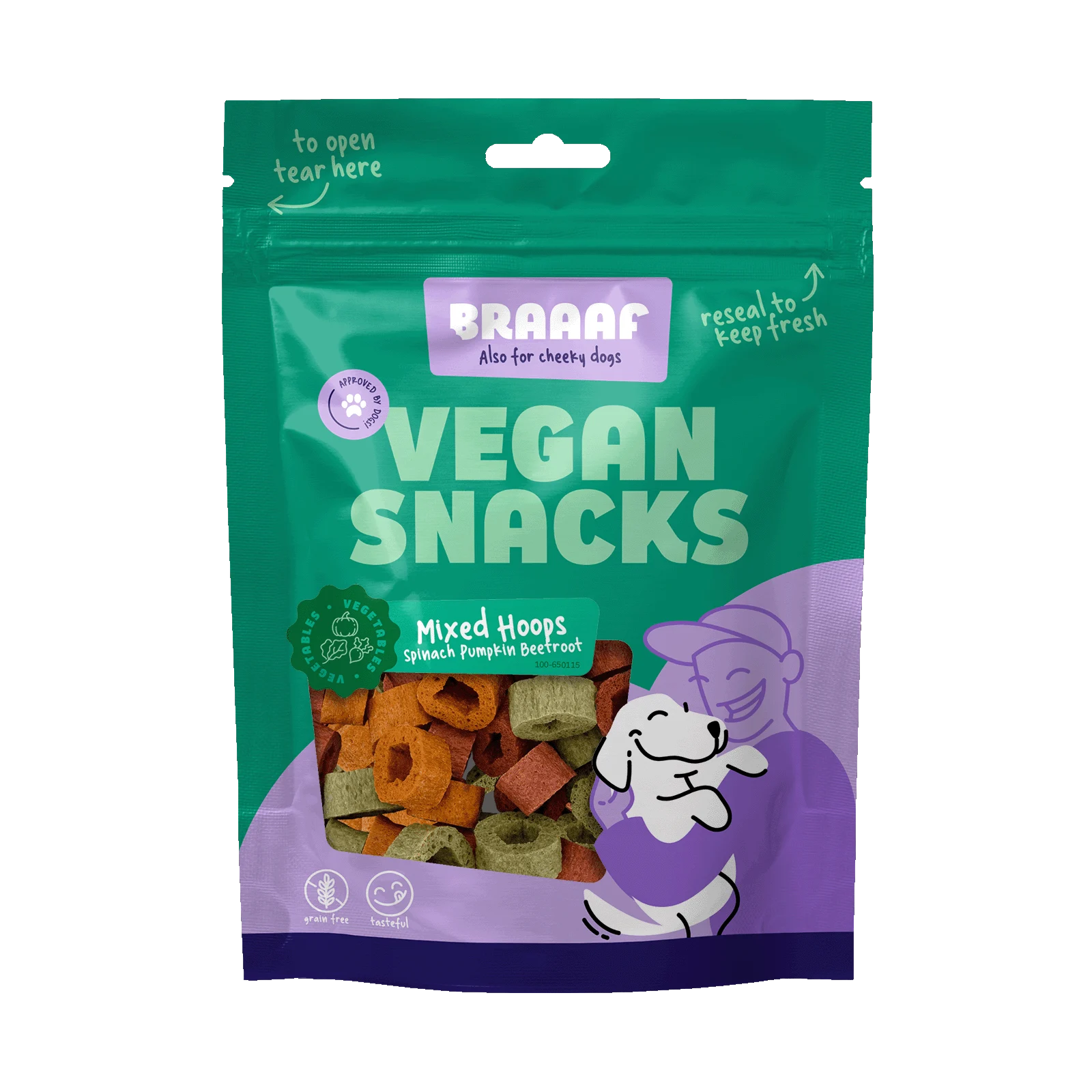 Veganské pamlsky pro psy se špenátem, dýní a červenou řepou, 1 cm – Braaaf Vegan Snack Mixed Hoops - Obrázek 1
