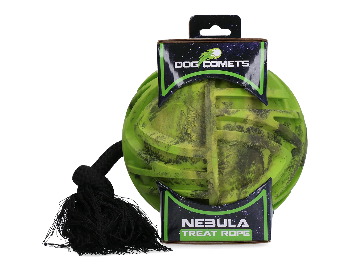 Krmný míček s lanem a otvorem na pamlsky, Ø 18 cm, zelený – Dog Comets Nebula Treat Rope - Obrázek 1