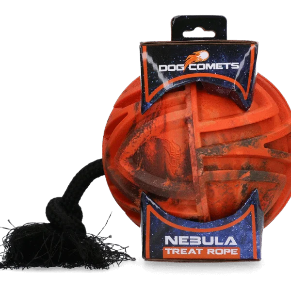 Míček na krmivo s lanem a otvorem na pamlsky, Ø 18 cm, oranžový – Dog Comets Nebula Treat Rope