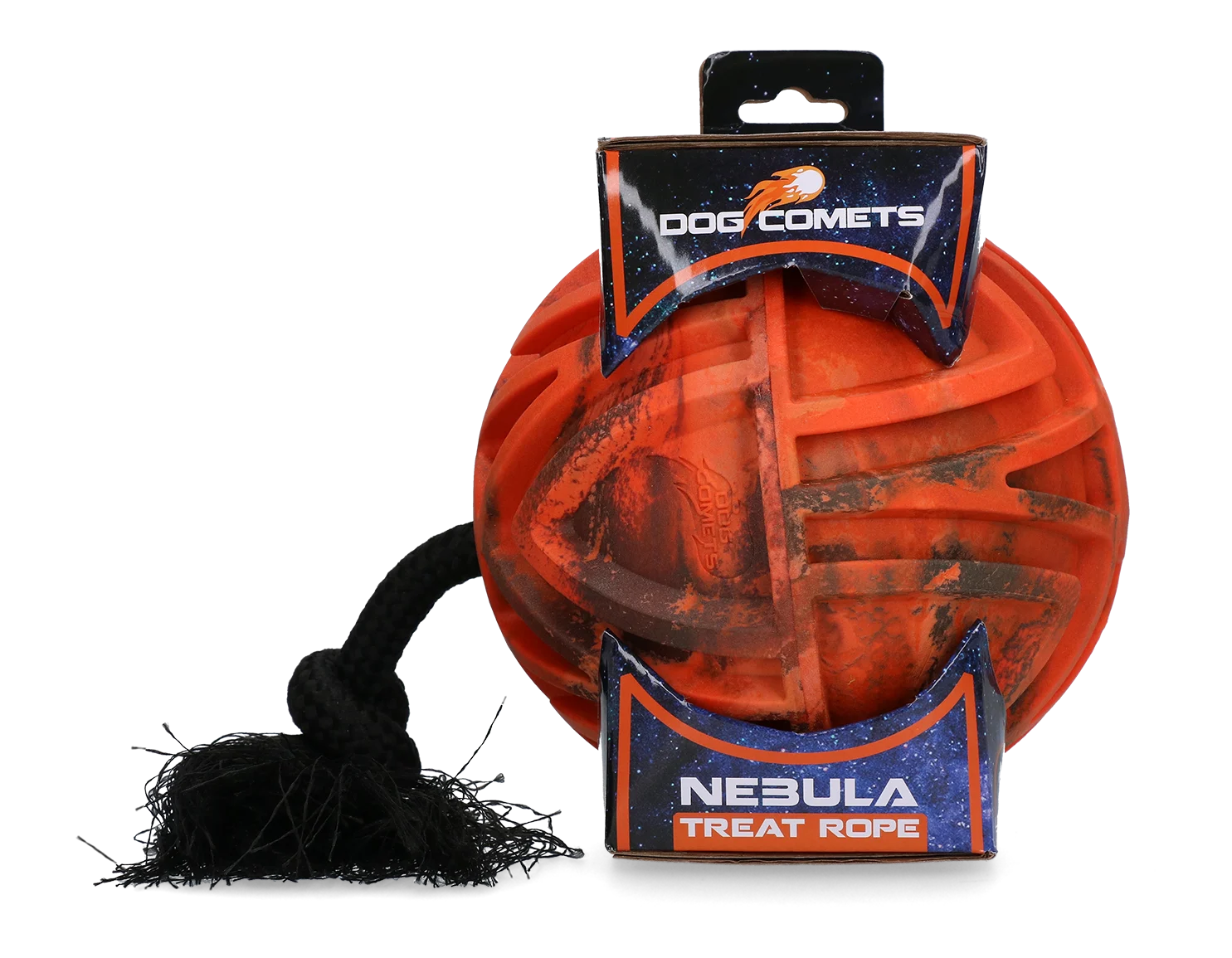 Míček na krmivo s lanem a otvorem na pamlsky, Ø 18 cm, oranžový – Dog Comets Nebula Treat Rope - Obrázek 1