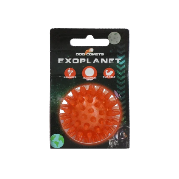 Psí míček s výstupky a pískátkem, S 5 cm, oranžový – Dog Comets Exoplanet