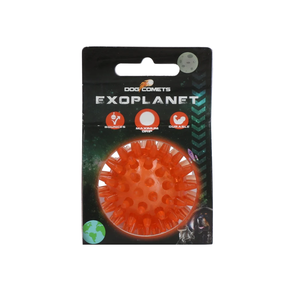 Psí míček s výstupky a pískátkem, S 5 cm, oranžový – Dog Comets Exoplanet - Obrázek 1