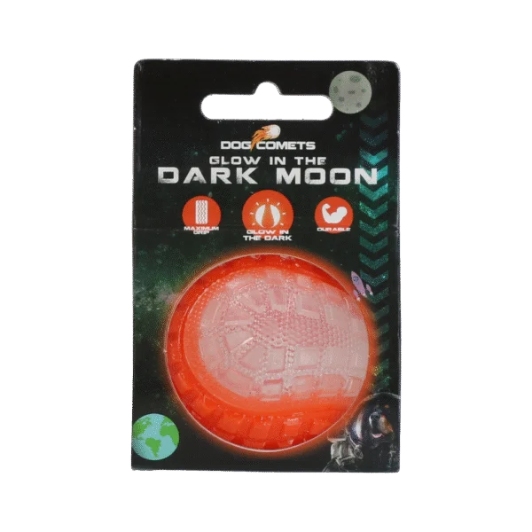 Psí míček se svítící částí a pískátkem S, 5 cm, oranžový – Dog Comets Glow In The Dark Moon Ball