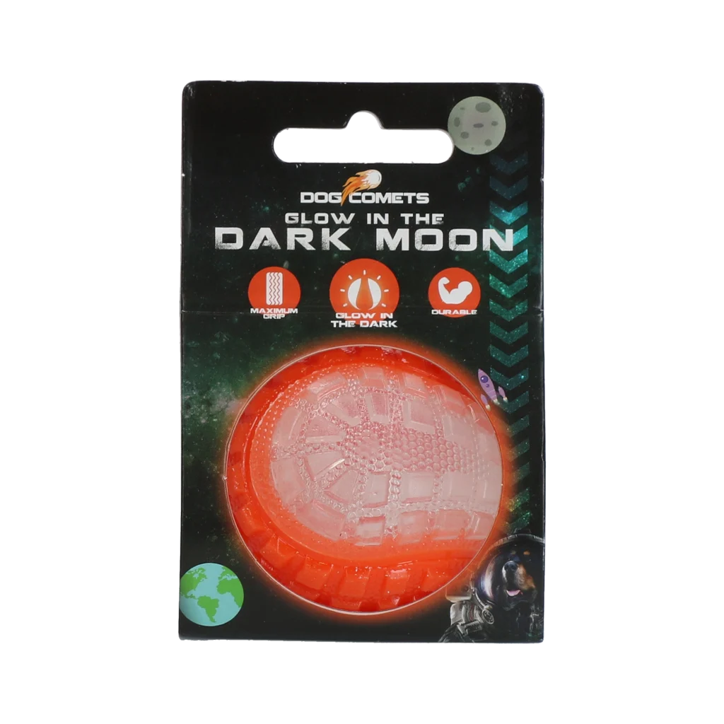 Psí míček se svítící částí a pískátkem S, 5 cm, oranžový – Dog Comets Glow In The Dark Moon Ball - Obrázek 1