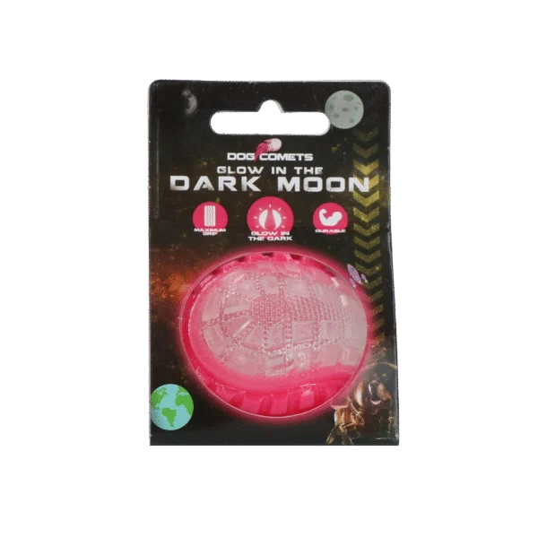 Psí míček se svítící částí a pískátkem S, 5 cm, růžový – Dog Comets Glow In The Dark Moon Bal