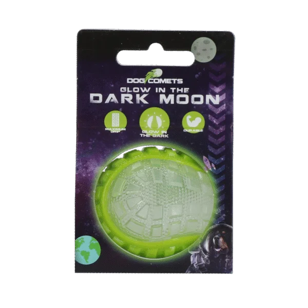 Míček pro psy se svítící částí a pískátkem S, 5 cm, zelený – Dog Comets Glow In The Dark Moon Ball