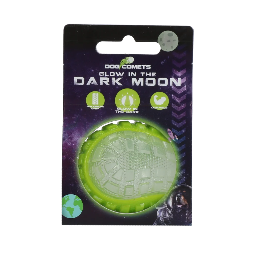 COME017C.png Míček pro psy se svítící částí a pískátkem S, 5 cm, zelený – Dog Comets Glow In The Dark Moon Ball - Obrázek 1