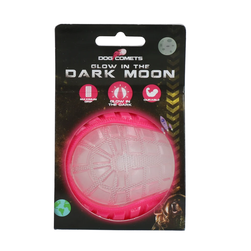 COME017I.png Psí míč se svítící částí a pískátkem M, 7,5 cm, růžový – Dog Comets Glow In The Dark Moon Bal - Obrázek 1