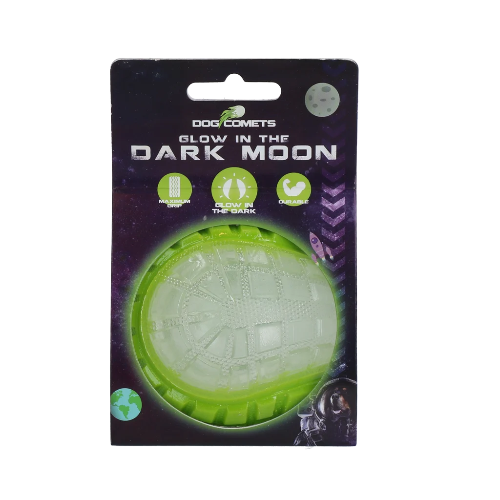 Svítící míč pro psy s pískátkem, M 7,5 cm, zelený – Dog Comets Glow In The Dark Moon Bal - Obrázek 1